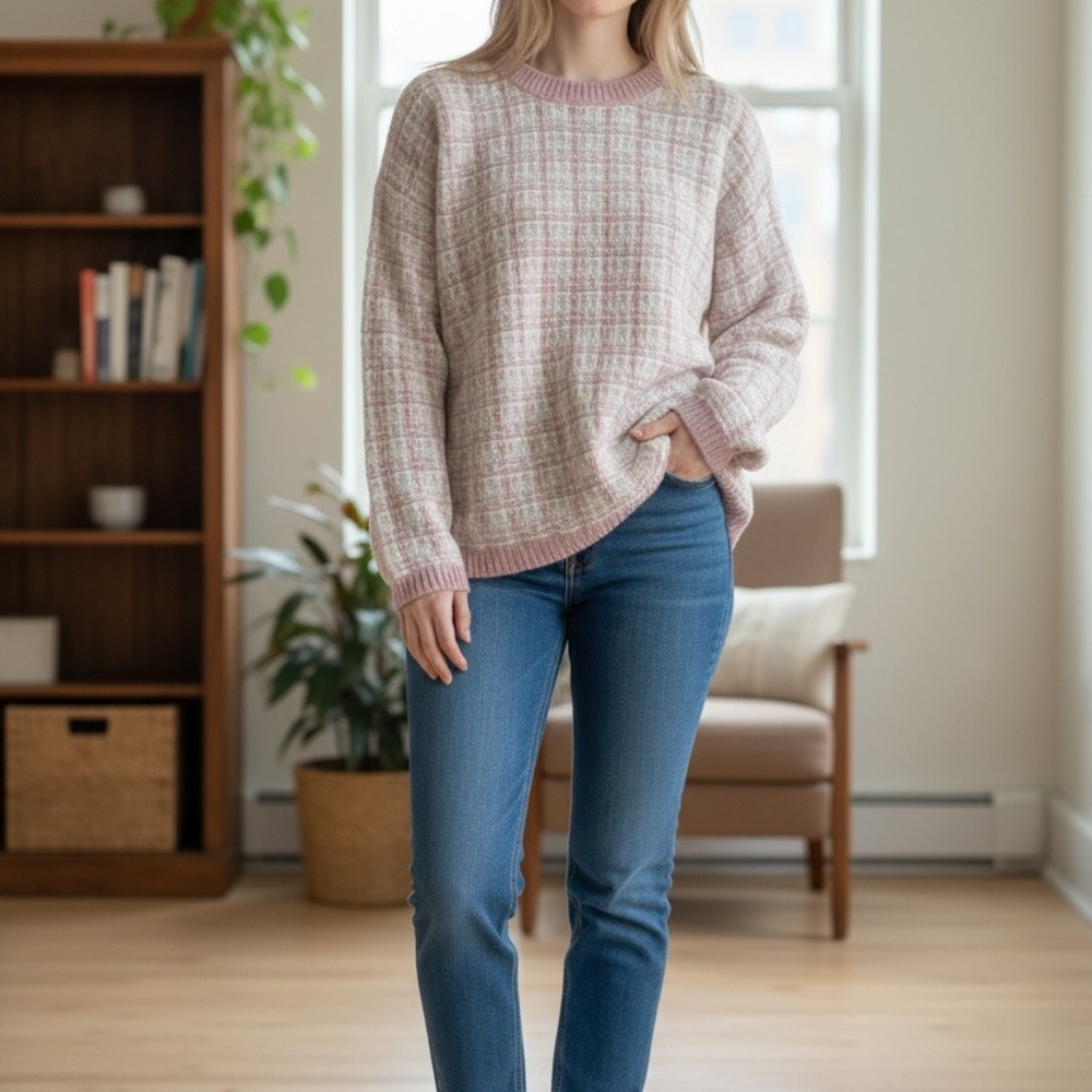 Plaid Crew Neck Sweater - Pink and Cream
